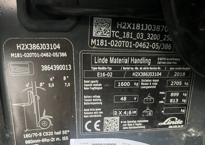 Carretilla Elevadora Linde E16-02 Con Posicionador y 5ª Válvula